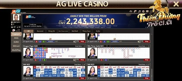 Danh mục trò chơi có trong sảnh AG Live Casino TDTC